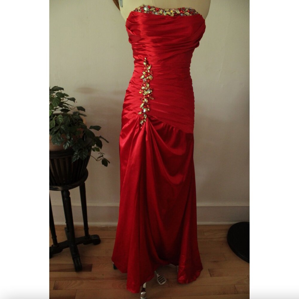 2000's Y2K Tony Bowles Red Satin Rhinestoned High Slit Satin Evening Gown Prom